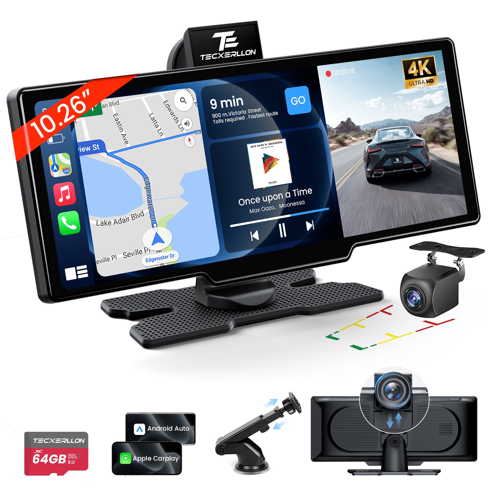 10.26'' Wireless Carplay Screen + 4K Dash Camera + 1080P Backup Camera