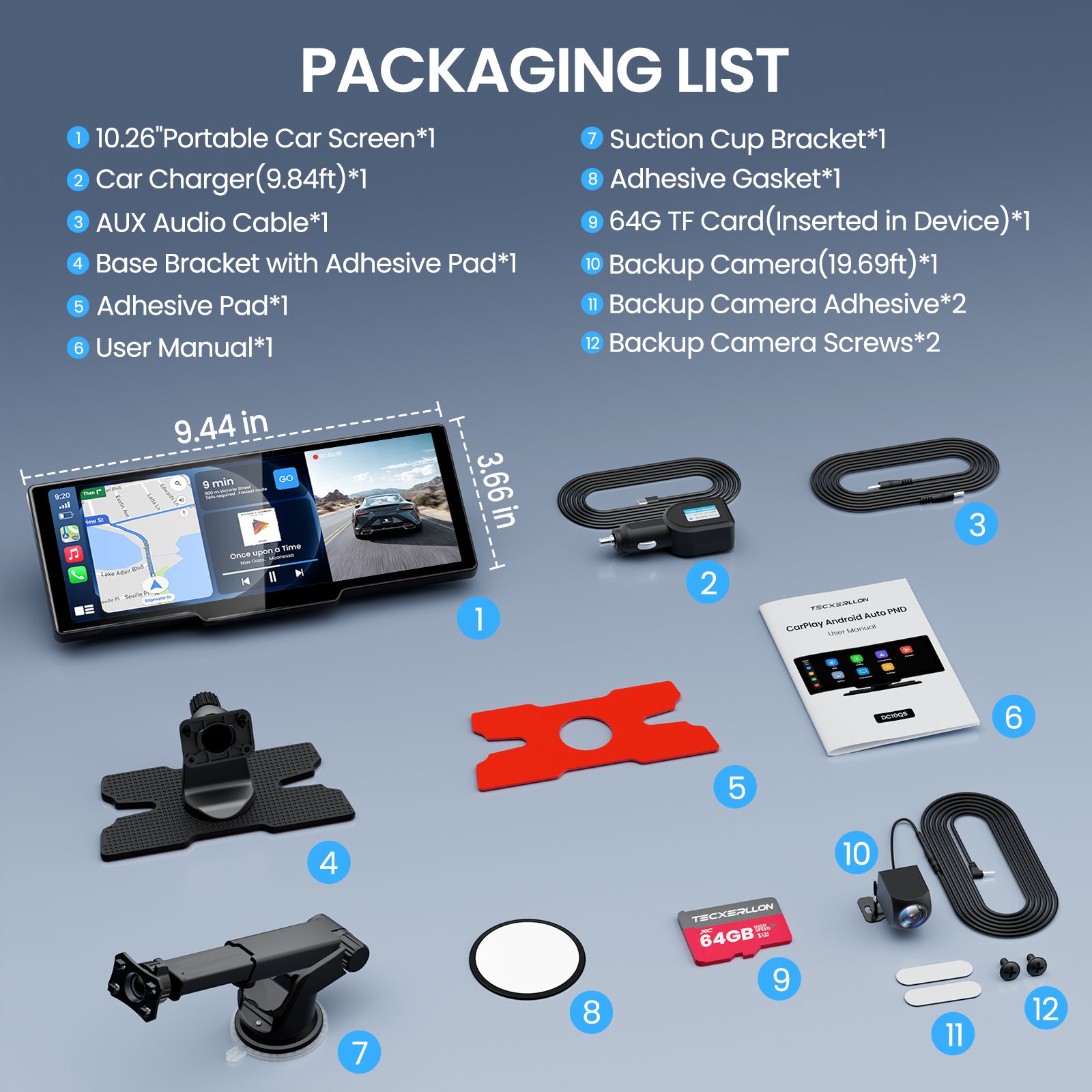 10.26'' Wireless Carplay Screen + 4K Dash Camera + 1080P Backup Camera