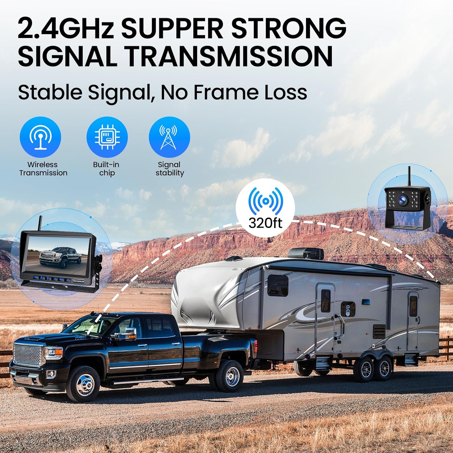 RV Backup Camera, Vehicle Backup Camera with AI Detection, 1080P Backup Cameras, 7'' Waterproof Wireless Backup Camera with DVR Recording & Night Vision for Car, Van, SUV, Truck, Trailer