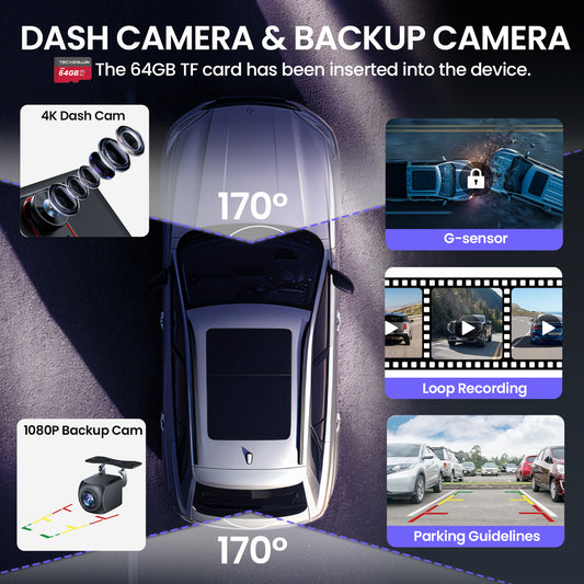 9'' Wireless Carplay Screen + 4K Dash Camera + 1080P Backup Camera