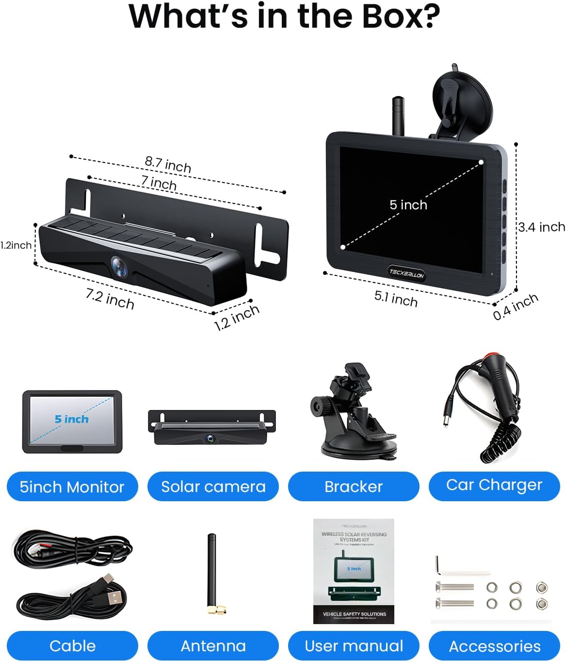 Backup Camera, Solar Wireless Backup Camera with 5" 1080P Monitor, Vehicle Backup Cameras with 5000mAh Solar Battery, IP69K Waterproof Rear View Camera for Car, Van, SUV, Truck, Trailer