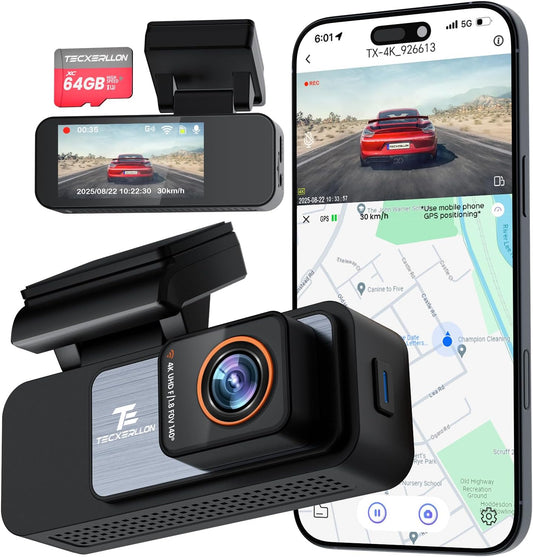 TECXLERON Dash Cam, 4K Full HD Dash Camera for Cars, Built-in GPS and Wi-Fi, 64GB SD Card Included, 160° Wide Angle Lens, Night Vision, G-Sensor, Loop Recording, 24H Parking Monitor