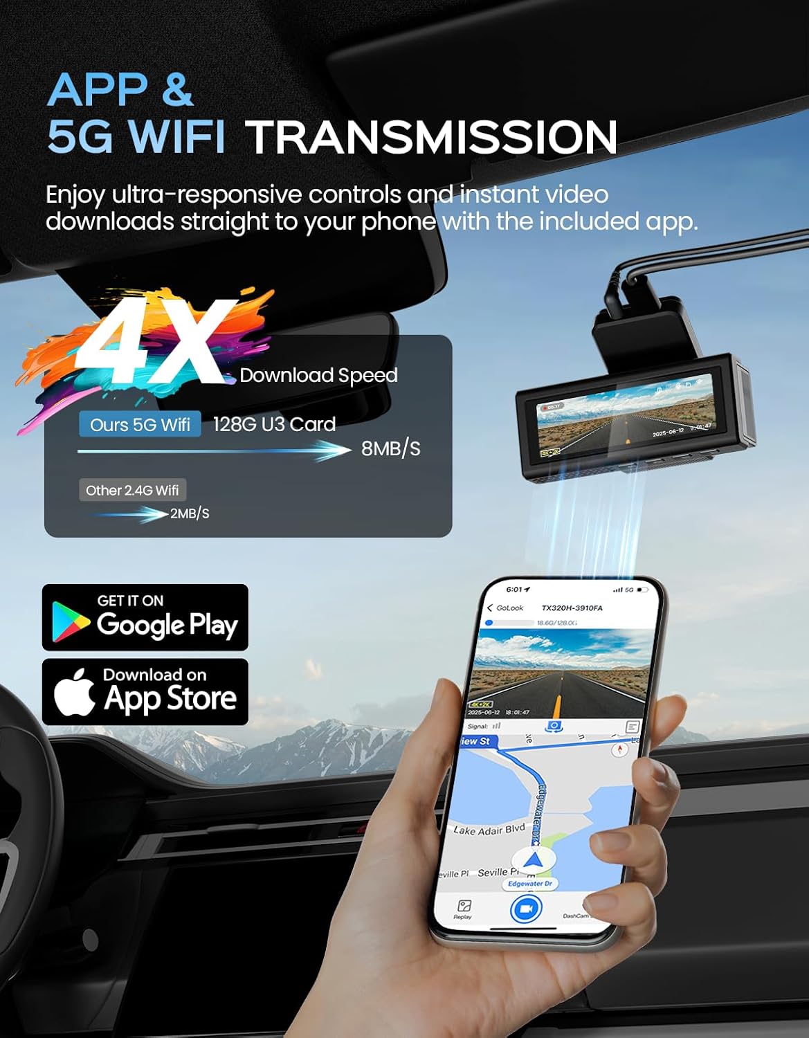 Dash Cam Front and Rear, 4K Dash Cam with ADAS, Dash Camera for Cars with 170°/150° Wide View, No-Light Night Vision, GPS, WDR, G-Sensor, App Support, 24H Parking Mode, 128GB Card Included