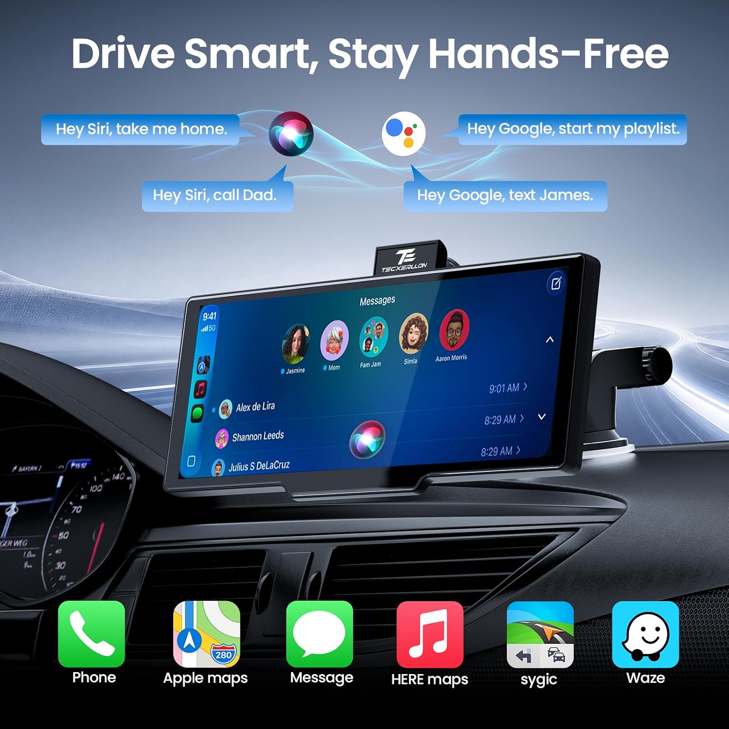 TECXERLLON 10.26" Portable Apple CarPlay Screen for Car, Wireless Car Play & Android Auto, 4K Dash Cam and 1080P Backup Camera, OTA, GPS Navigation, Voice Control, Mirror Link
