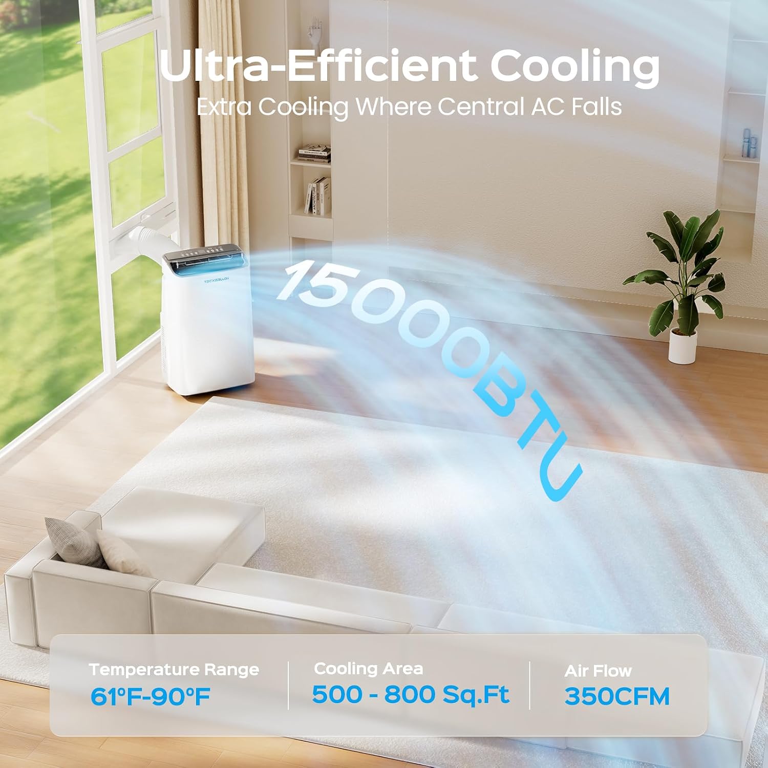 TECXERLLON 15,000 BTU Portable Air Conditioner for Large Room up to 800 Sq. Ft., Quiet 48dB 4-in-1 AC Unit with Dehumidifier, Self-Evaporating, Sleep Mode, Remote & Window Kit
