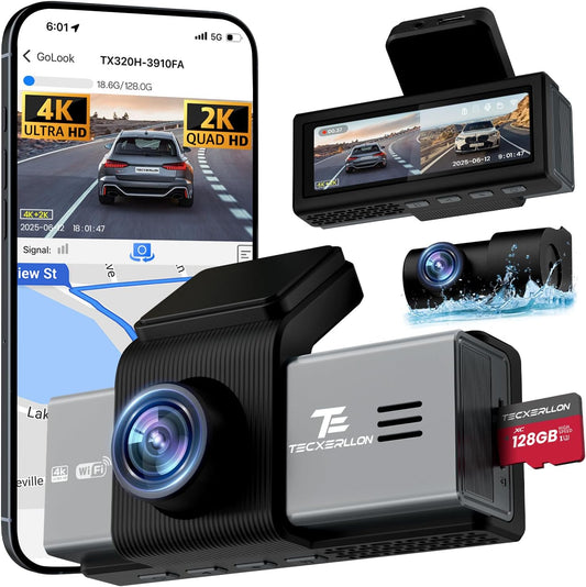Dash Cam Front and Rear, 4K Dash Cam with ADAS, Dash Camera for Cars with 170°/150° Wide View, No-Light Night Vision, GPS, WDR, G-Sensor, App Support, 24H Parking Mode, 128GB Card Included