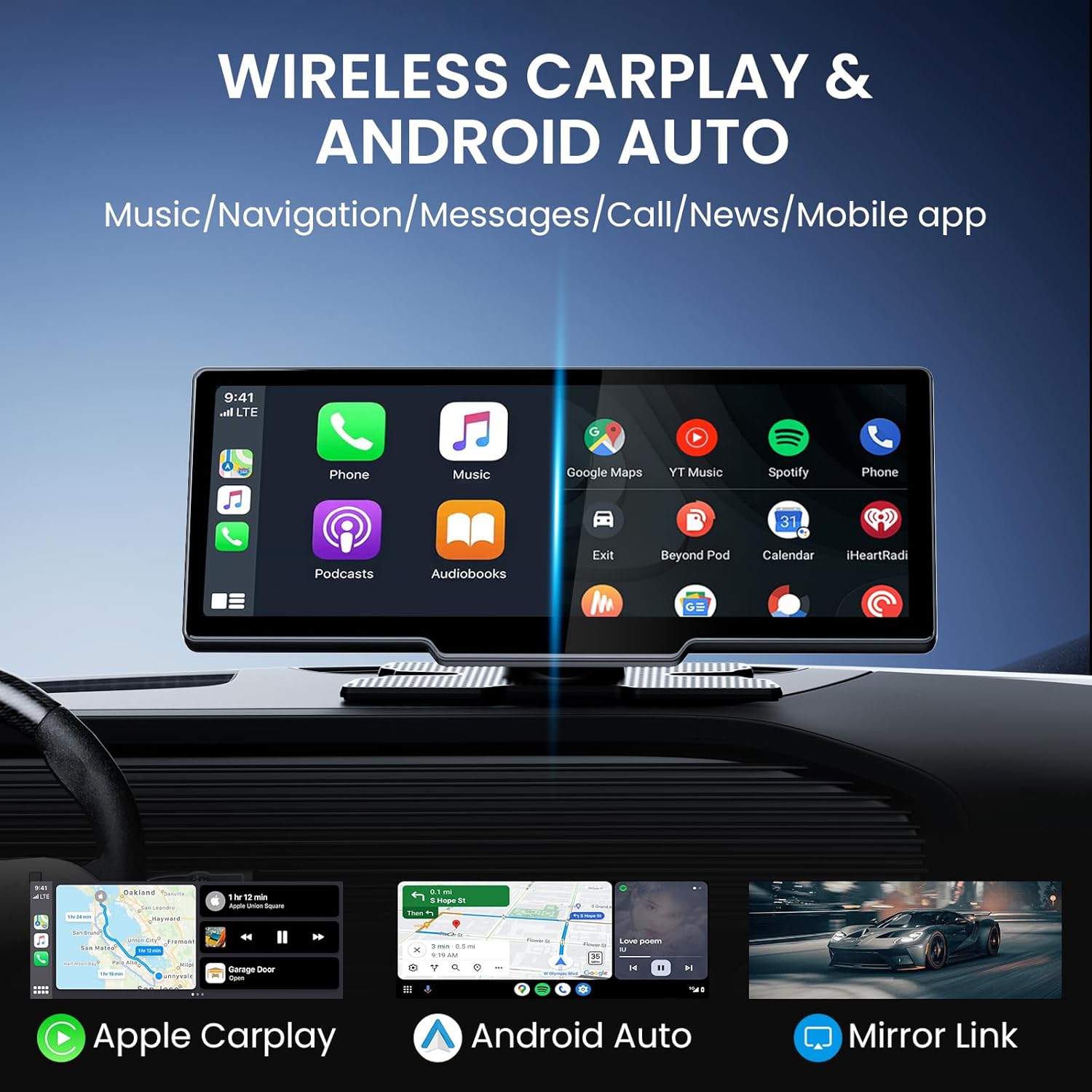 10.26" Wireless CarPlay Screen for Car, Android Auto Screen with Backup Camera, Portable Touchscreen Car Stereo with GPS Navigation/Mirror Link/Voice Control/Bluetooth/FM/AUX