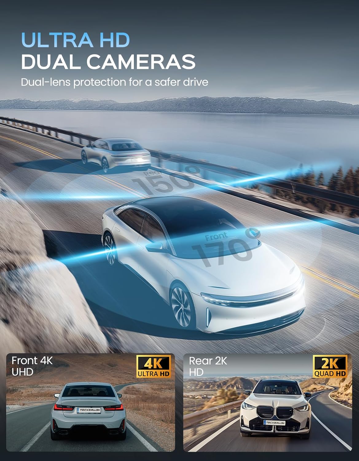 Dash Cam Front and Rear, 4K Dash Cam with ADAS, Dash Camera for Cars with 170°/150° Wide View, No-Light Night Vision, GPS, WDR, G-Sensor, App Support, 24H Parking Mode, 128GB Card Included