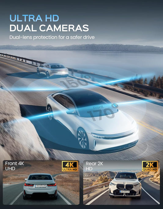 Dash Cam Front and Rear, 4K Dash Cam with ADAS, Dash Camera for Cars with 170°/150° Wide View, No-Light Night Vision, GPS, WDR, G-Sensor, App Support, 24H Parking Mode, 128GB Card Included