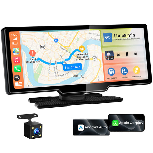 10.26" Wireless CarPlay Screen for Car, Android Auto Screen with Backup Camera, Portable Touchscreen Car Stereo with GPS Navigation/Mirror Link/Voice Control/Bluetooth/FM/AUX