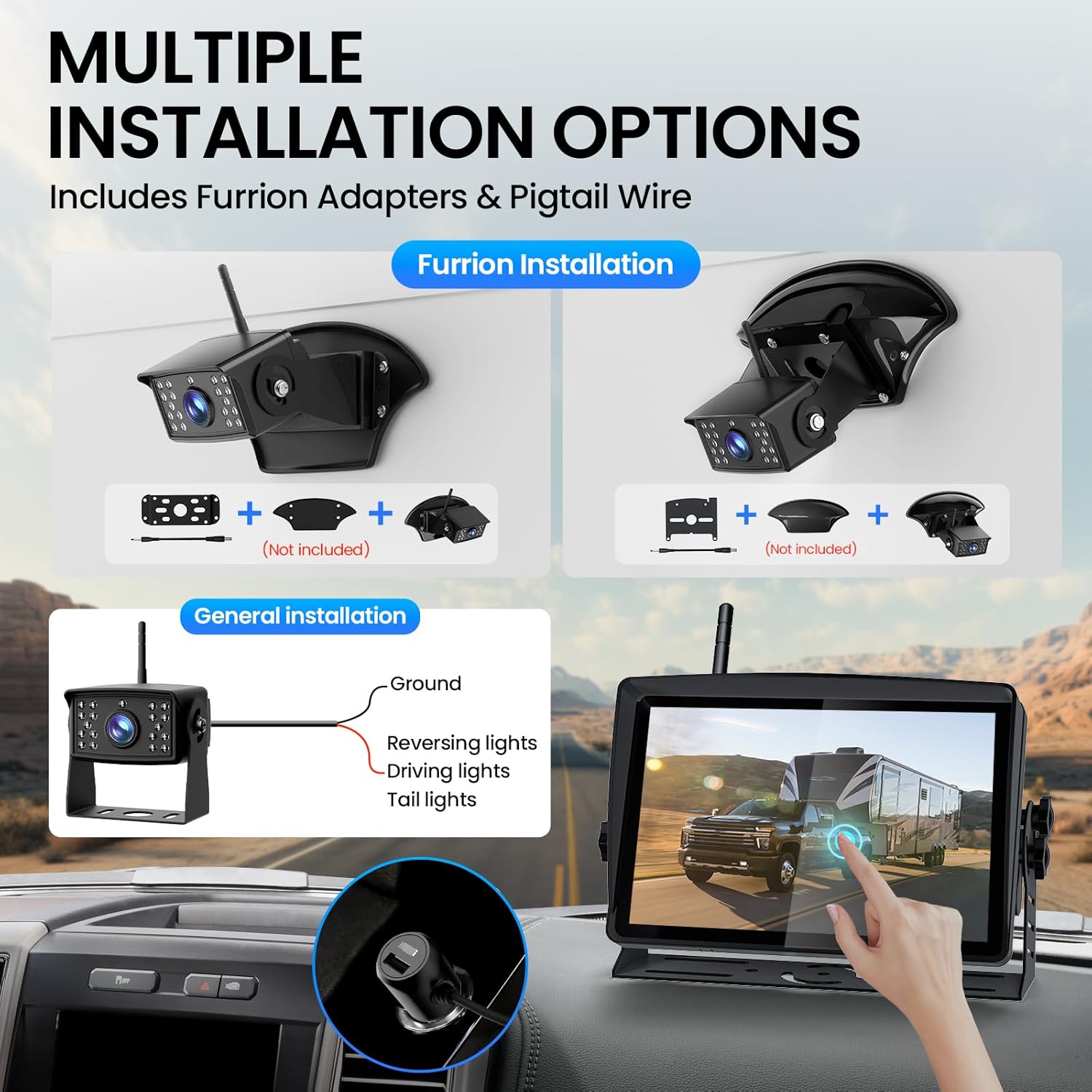 RV Backup Camera, Vehicle Backup Cameras with 7-Inch Touchscreen Monitor, Wireless HD 1080P, 4-Channel System, IR Night Vision, Waterproof Rearview Camera for RV, Truck, Van, SUV, Trailer
