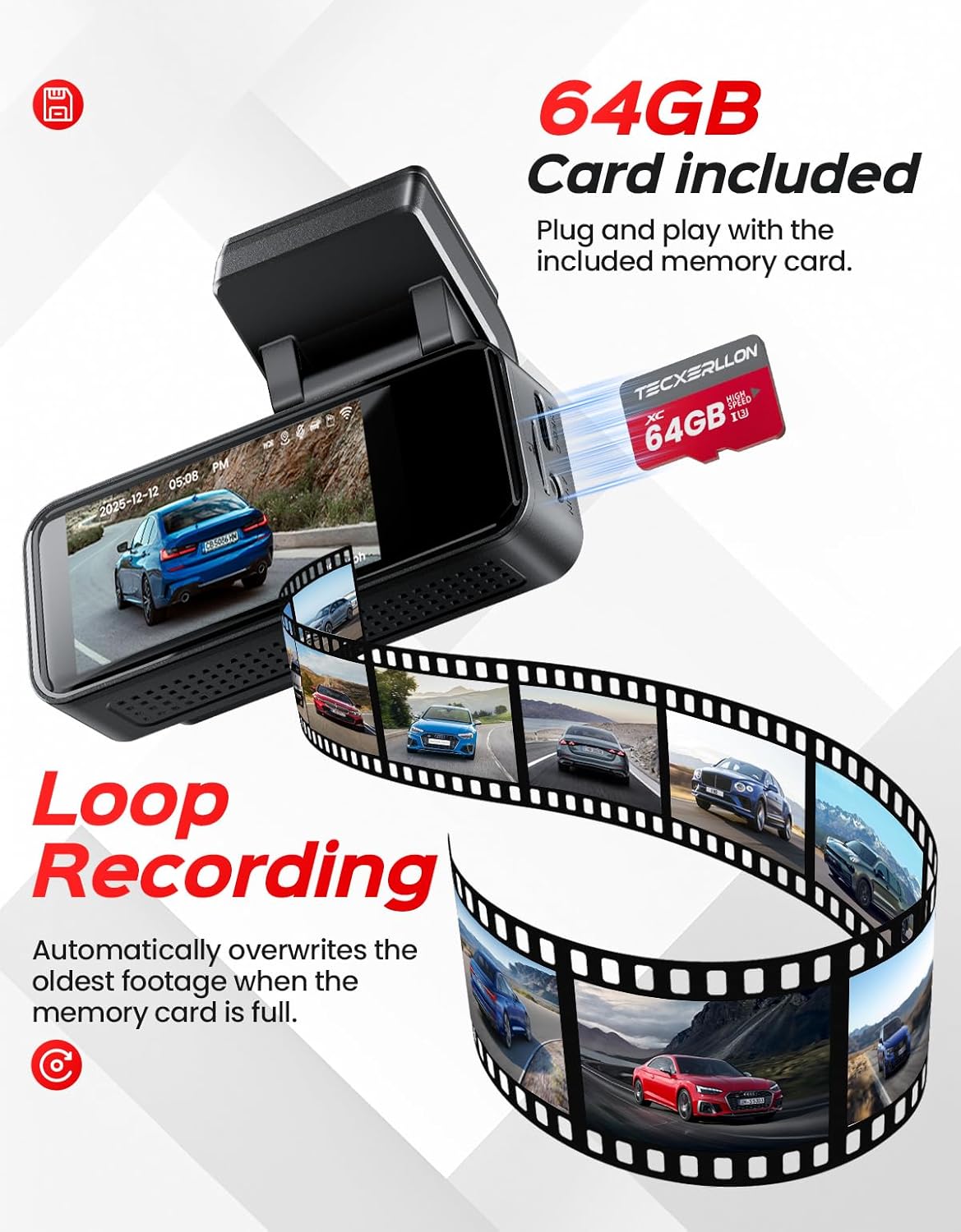 TECXLERON Dash Cam, 4K Full HD Dash Camera for Cars, Built-in GPS and Wi-Fi, 64GB SD Card Included, 160° Wide Angle Lens, Night Vision, G-Sensor, Loop Recording, 24H Parking Monitor