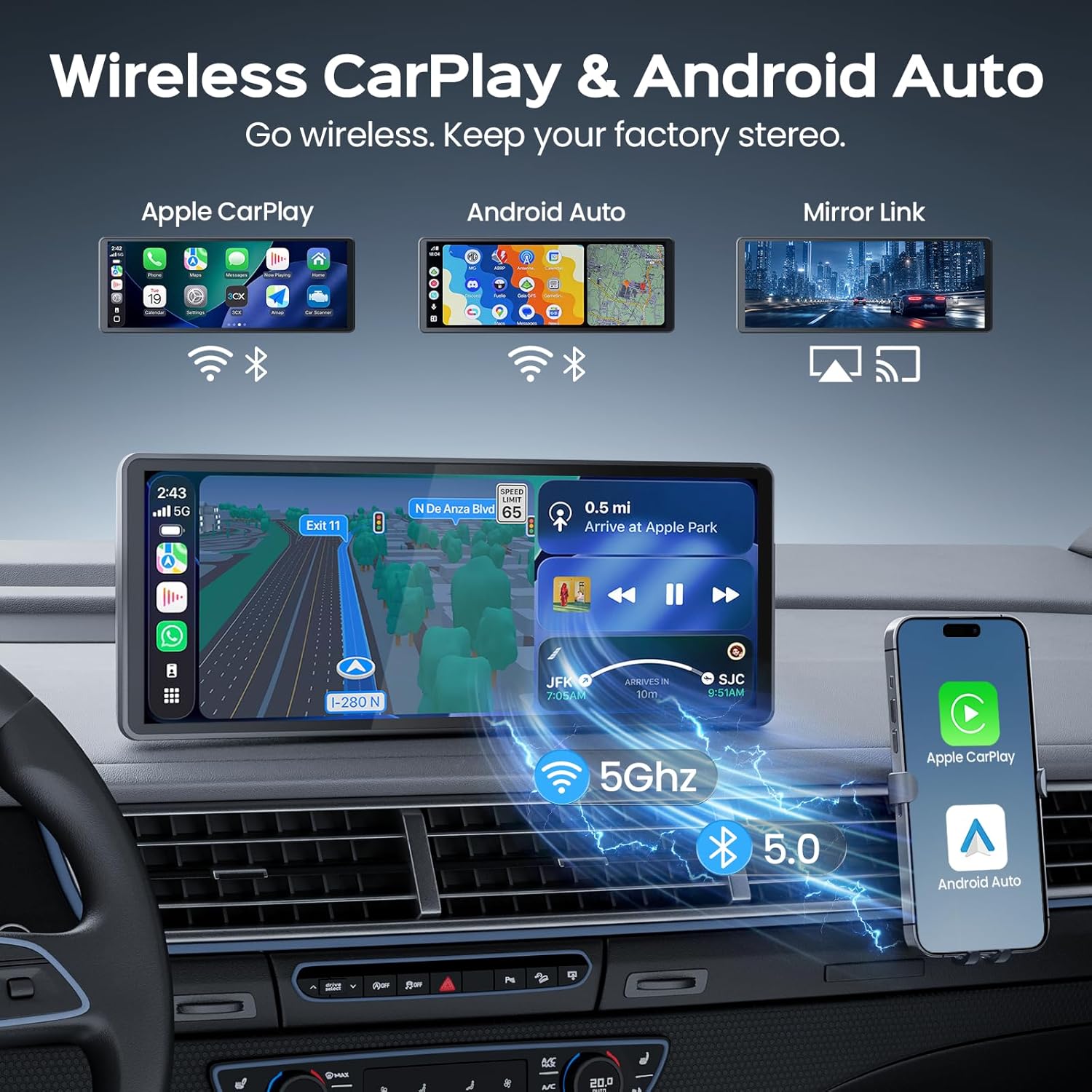 TECXERLLON 8.9" Wireless CarPlay Screen for Car, Portable Apple CarPlay & Android Auto Display with Magnetic Mount, 1080P Backup Camera, Bluetooth 5.0, Plug & Play, Voice Control, Mirror Link