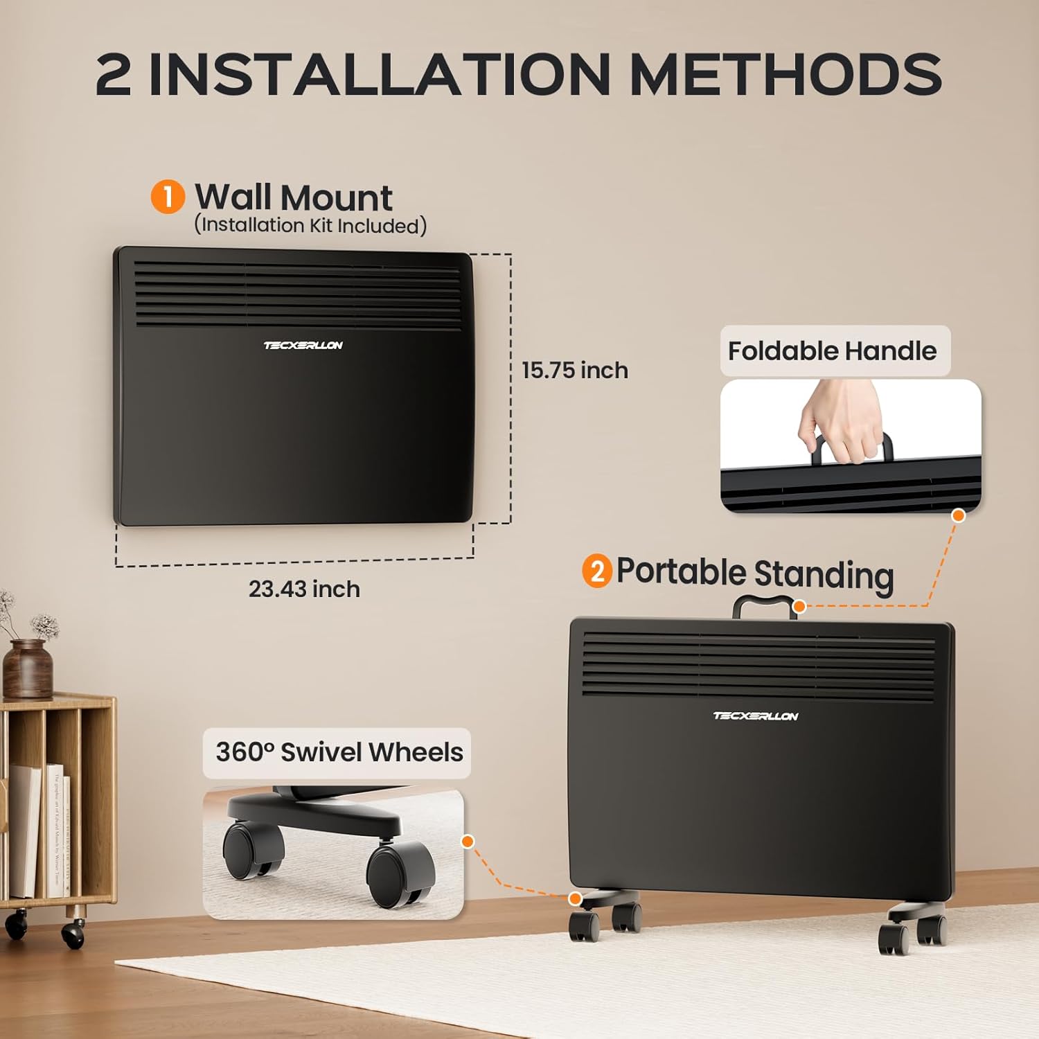 1500W Convection Panel Space Heater, Adjustable Up to 113℉ Electric Heaters for Indoor Use, Quiet Whole Room Space Heater for Indoor Use Large Room with APP, Portable Standing/Wall Mount