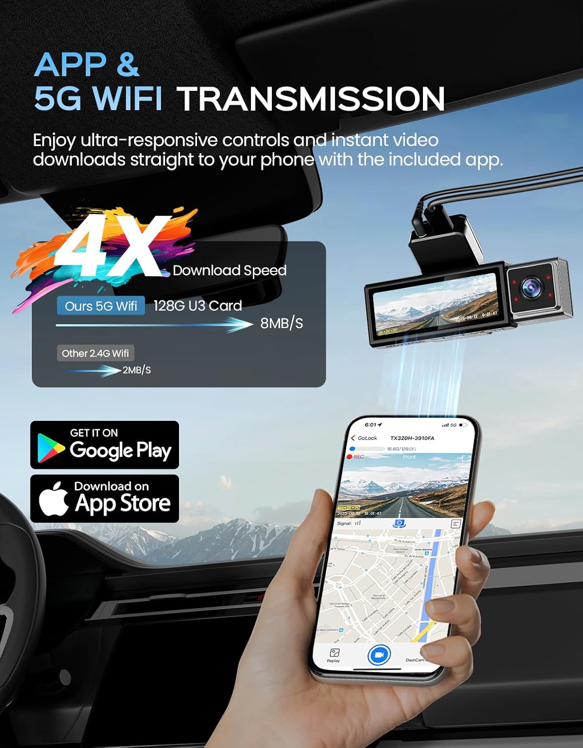 Dash Cam, 4K Triple Dash Camera with App Control, 170°/150°/140° Wide Angle, ADAS Assist, No-Light Night Vision, GPS, G-Sensor, WDR, 24H Parking Monitor, 128GB SD Card Included