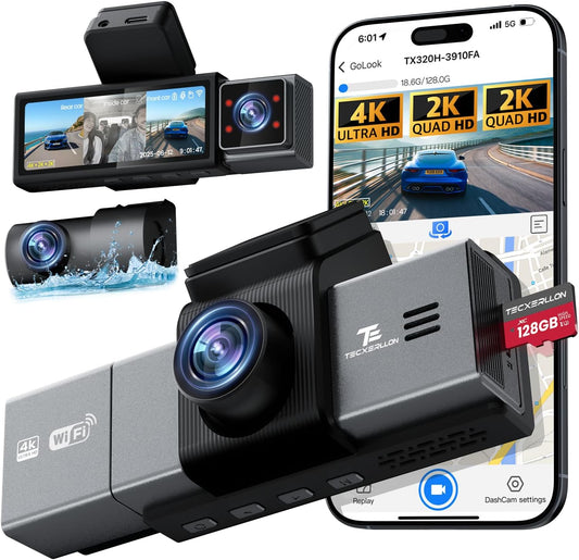 Dash Cam, 4K Triple Dash Camera with App Control, 170°/150°/140° Wide Angle, ADAS Assist, No-Light Night Vision, GPS, G-Sensor, WDR, 24H Parking Monitor, 128GB SD Card Included