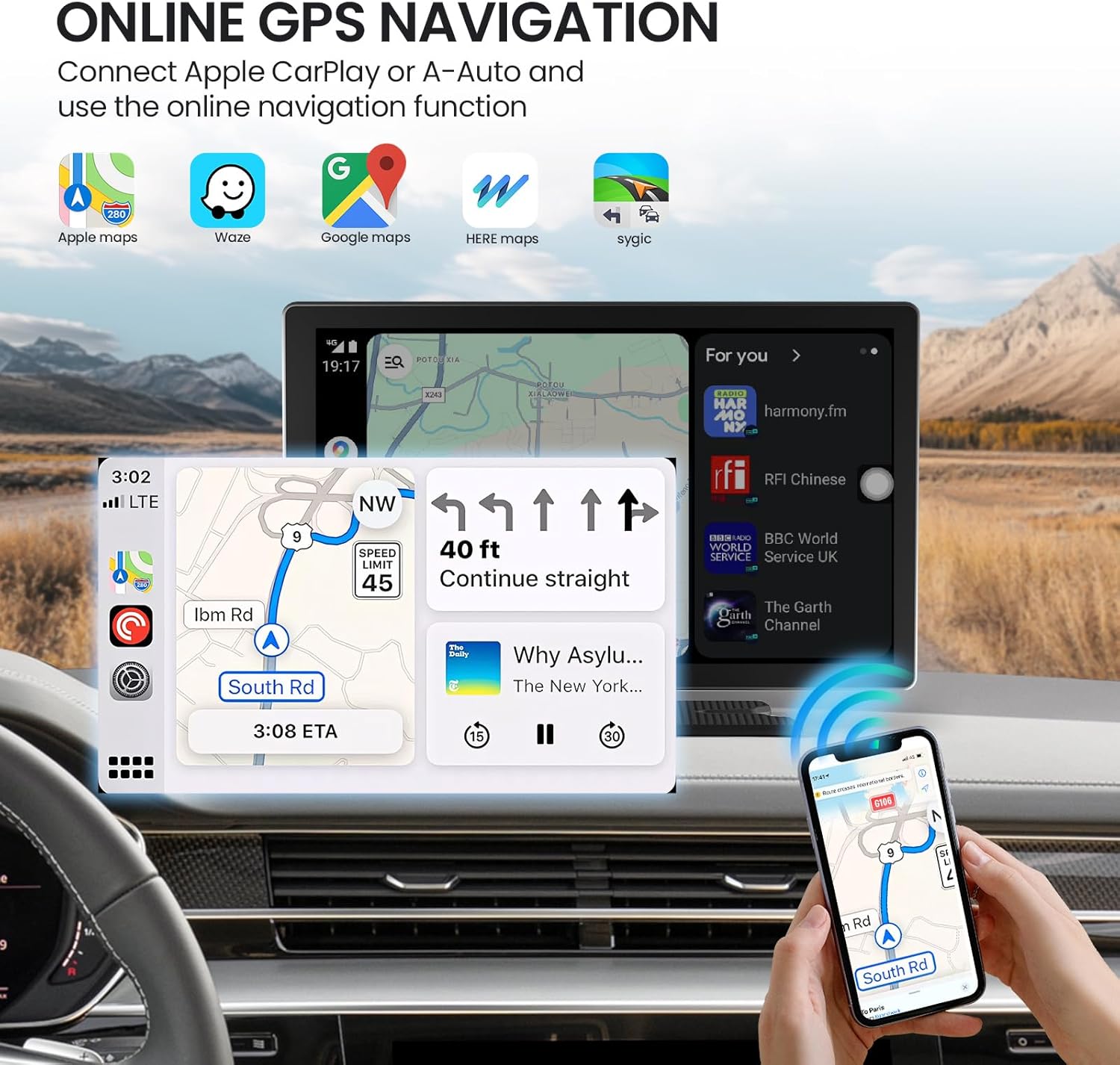 9.0'' Wireless Carplay Screen for Car, Portable Car Stereo with Apple Carplay & Android Auto, Car Audio Receivers with GPS Navigation, Mirror Link, Screen for All Vehicles(No Camera)