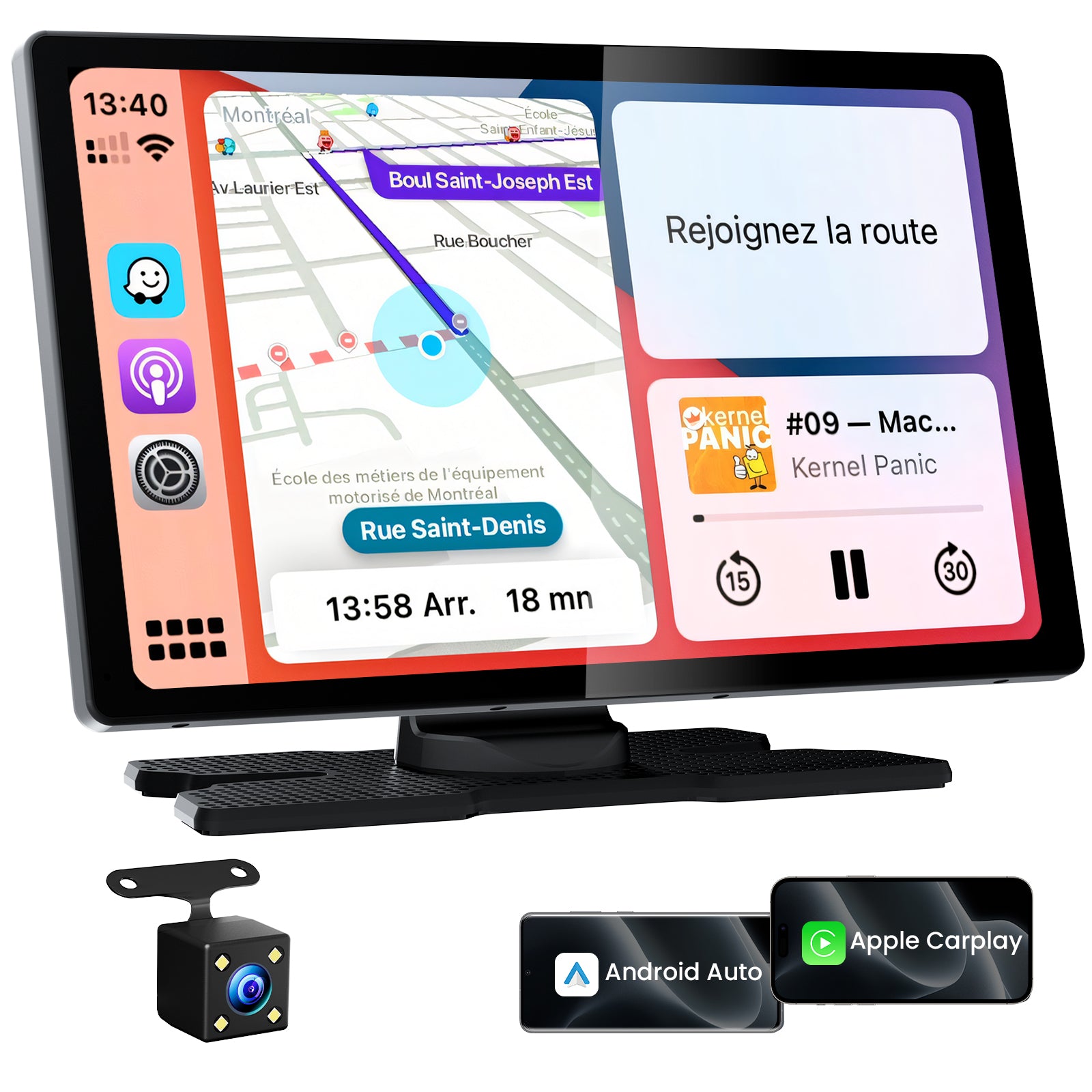 9.0" Wireless CarPlay Screen for Car, Android Auto Screen for Car with Backup Camera, Portable Touchscreen Car Stereo with GPS Navigation/Mirror Link/Voice Control/Bluetooth/FM/AUX