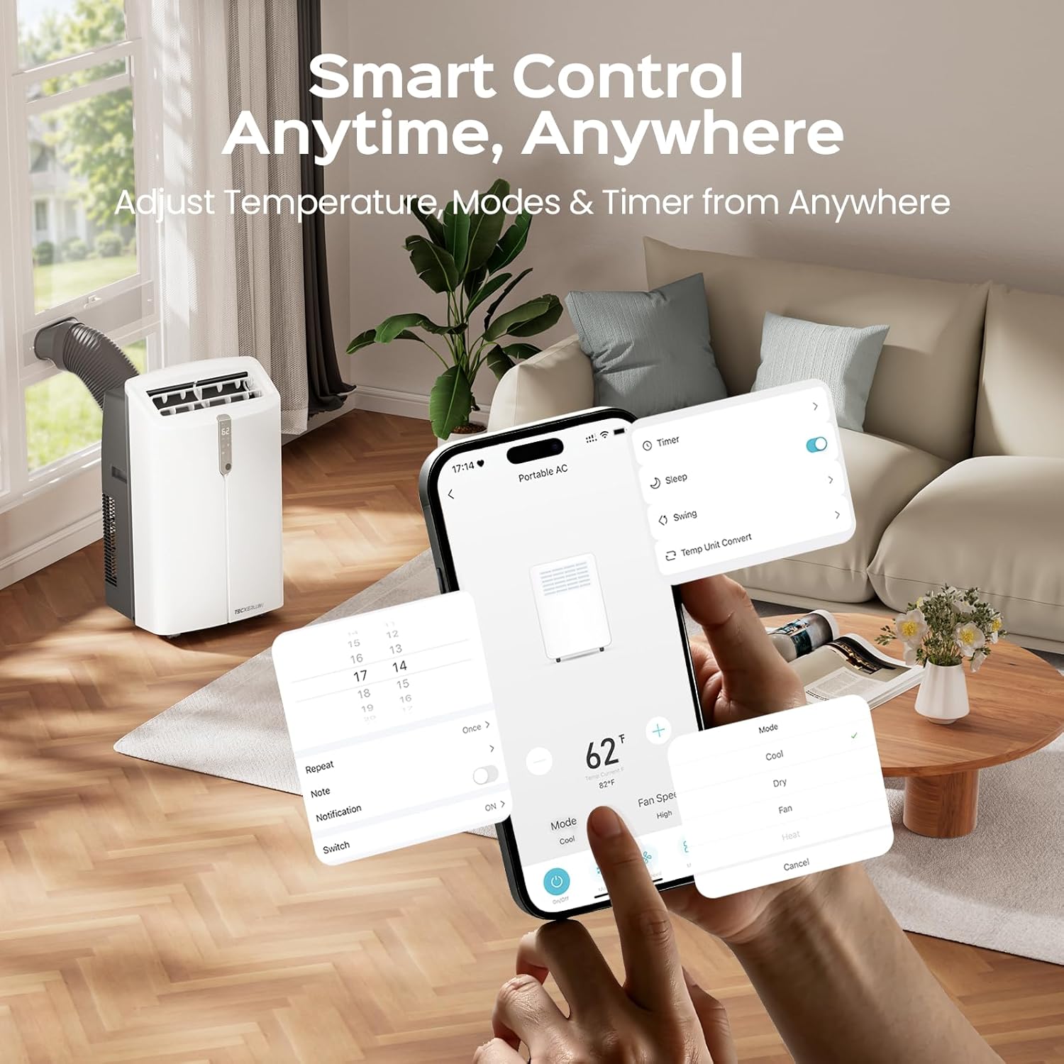 TECXERLLON 16,000 BTU Portable Air Conditioner with App & Remote Control, Cools up to 850 Sq. Ft., 4-in-1 Smart AC Unit with Dehumidifier, Fan, Sleep Mode, Self-Evaporating Design & Window Kit