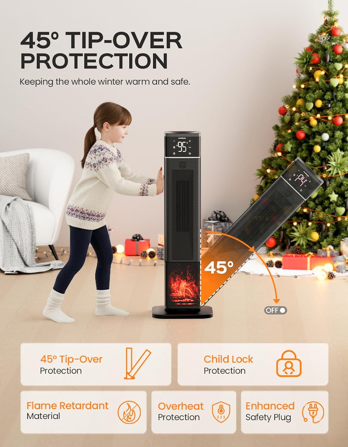 32.3in Portable Electric Tower Heater with Fireplace Display, 1500W PTC Ceramic Heating, 70° Oscillation, Remote & Thermostat, Indoor Safe Heater for Bedroom & Living Room