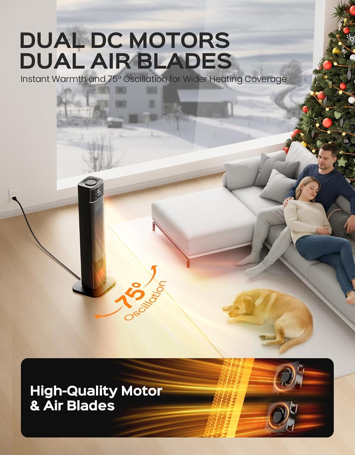 32.3in Portable Electric Tower Heater with Fireplace Display, 1500W PTC Ceramic Heating, 70° Oscillation, Remote & Thermostat, Indoor Safe Heater for Bedroom & Living Room