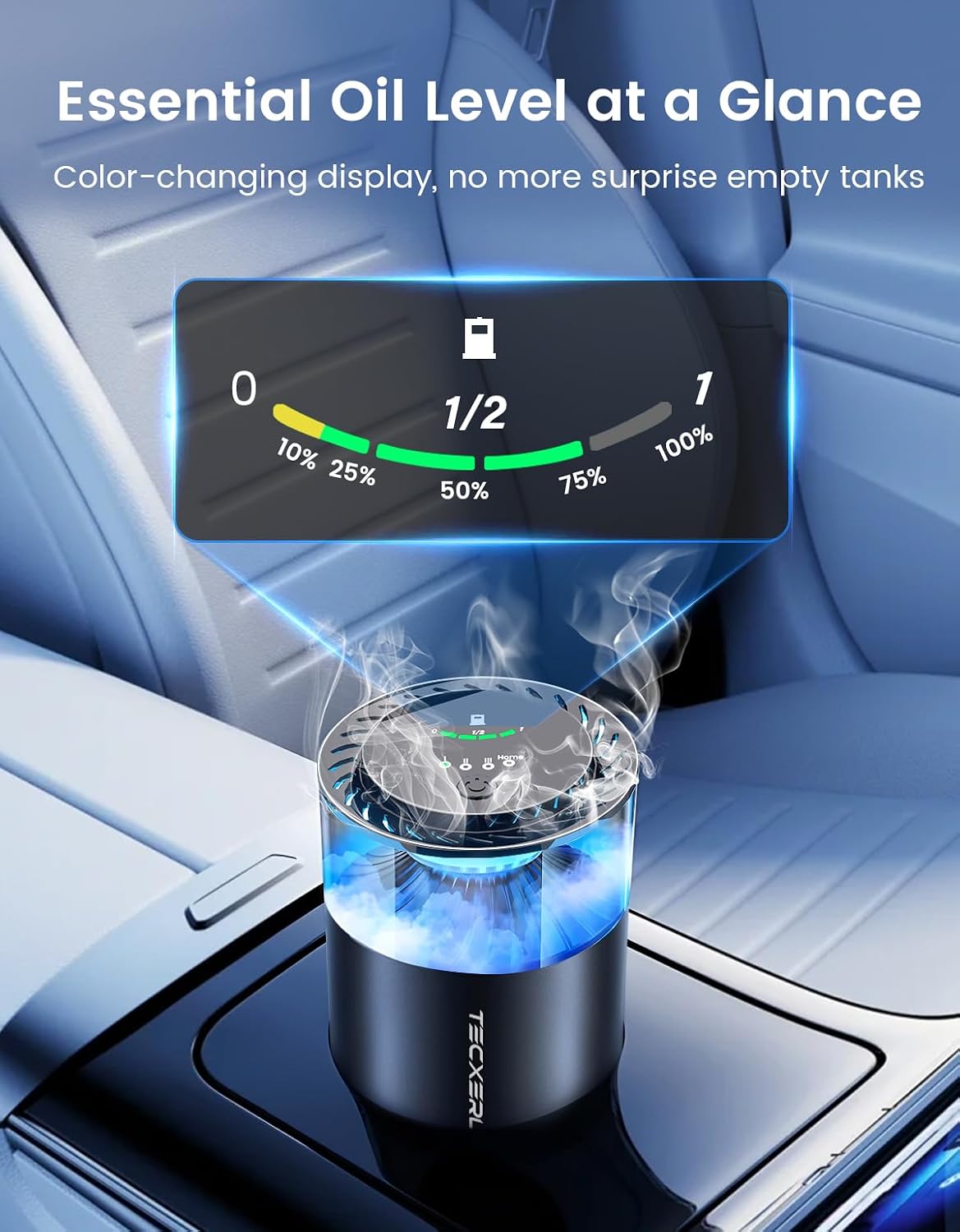 TECXERLLON Smart Car Air Freshener Diffuser with Ambient Light, Oil Level Indicator, 2 Scent Refills, Auto On/Off, 4 Mist Modes, 1600 Sprays Rechargeable Aroma Diffuser for Car, Home, Office, Bedroom