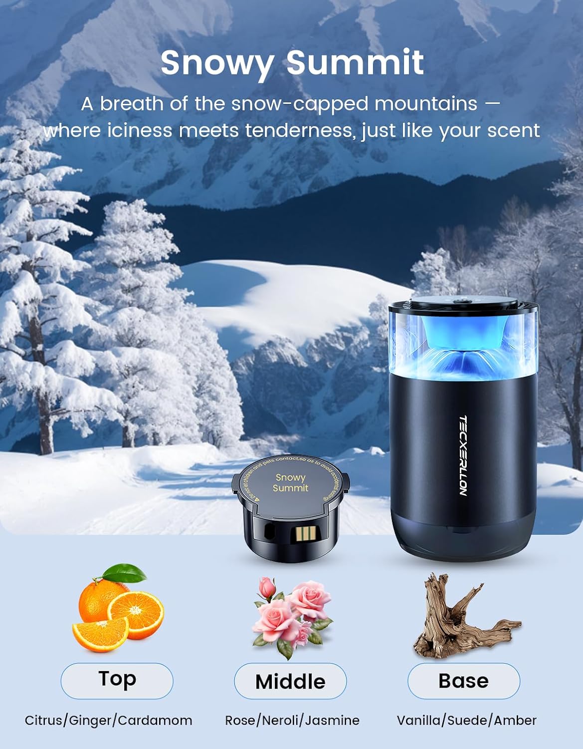 TECXERLLON Smart Car Air Freshener Diffuser with Ambient Light, Oil Level Indicator, 2 Scent Refills, Auto On/Off, 4 Mist Modes, 1600 Sprays Rechargeable Aroma Diffuser for Car, Home, Office, Bedroom