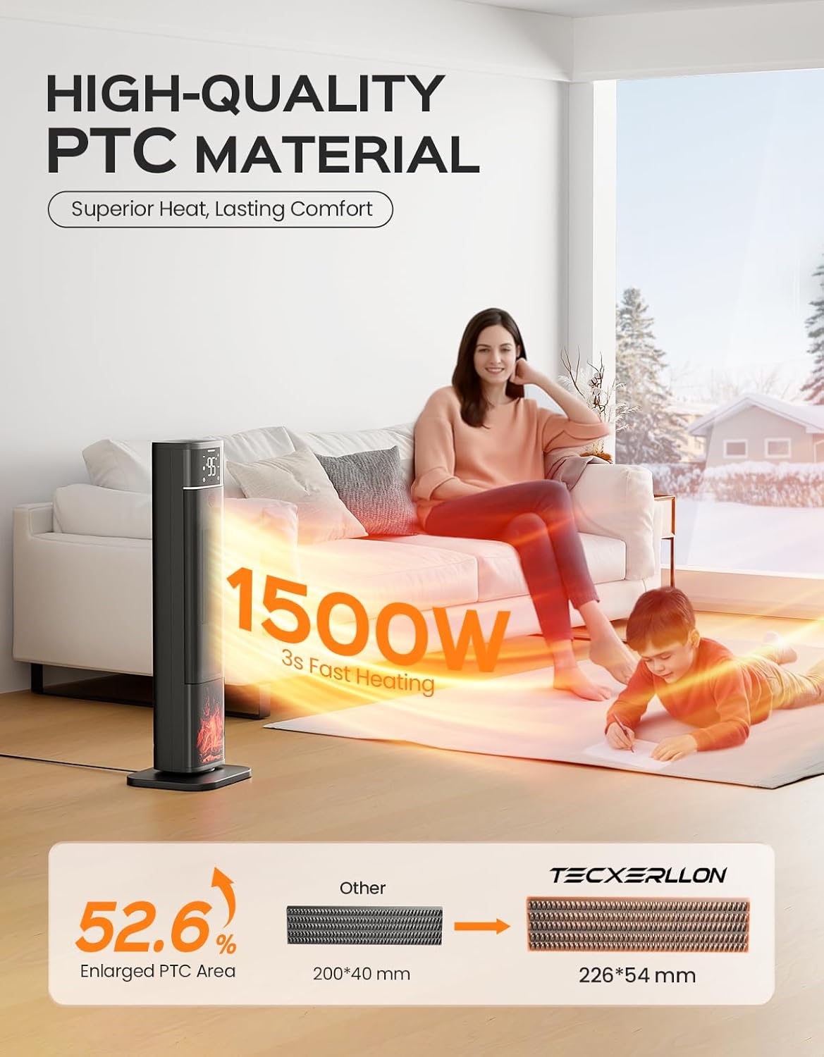 32.3in Portable Electric Tower Heater with Fireplace Display, 1500W PTC Ceramic Heating, 70° Oscillation, Remote & Thermostat, Indoor Safe Heater for Bedroom & Living Room