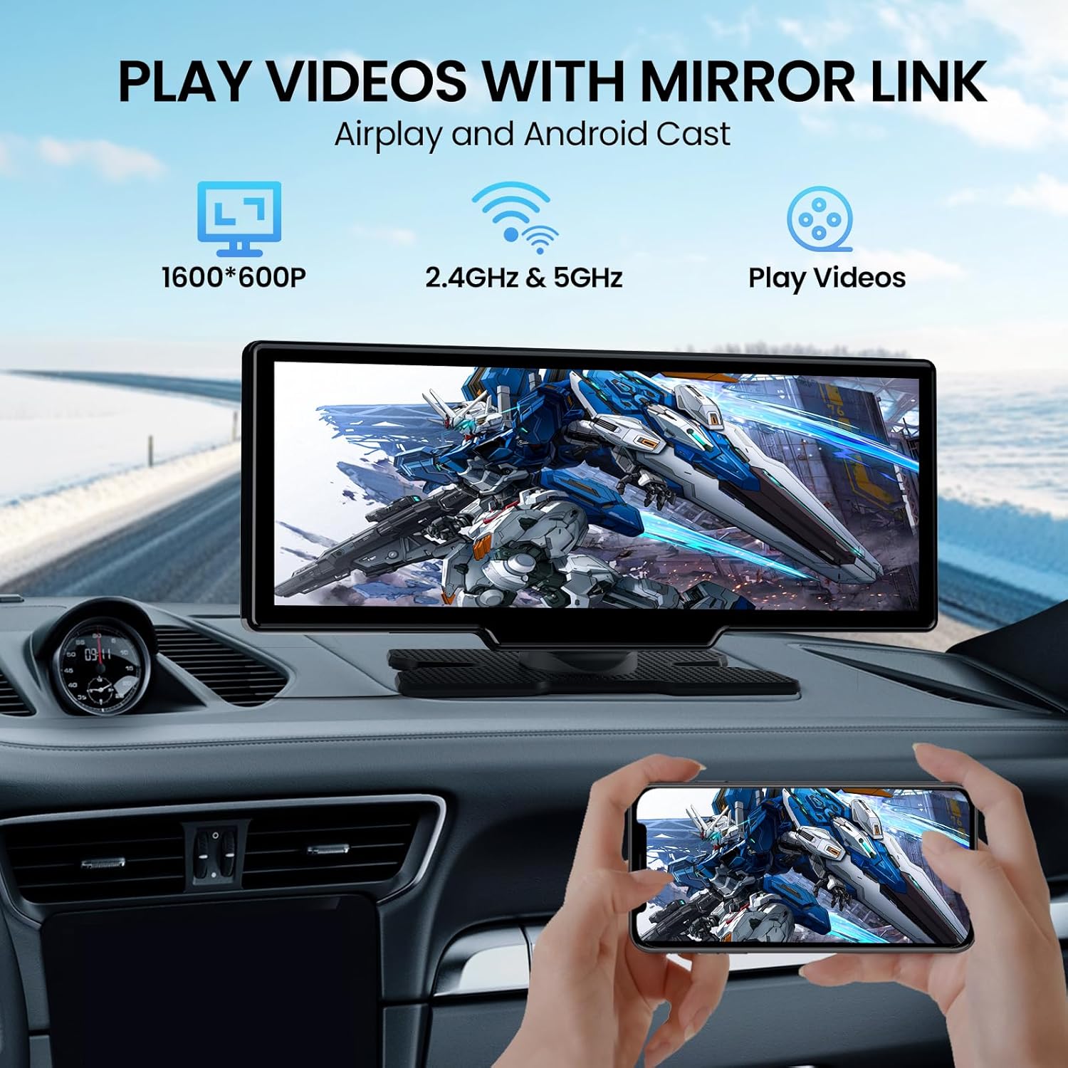 10.26'' Wireless Carplay Screen for Car, Portable Car Stereo with Carplay & Android Auto, Car Audio Receivers with GPS Navigation, Mirror Link, for All Vehicles(No Camera)
