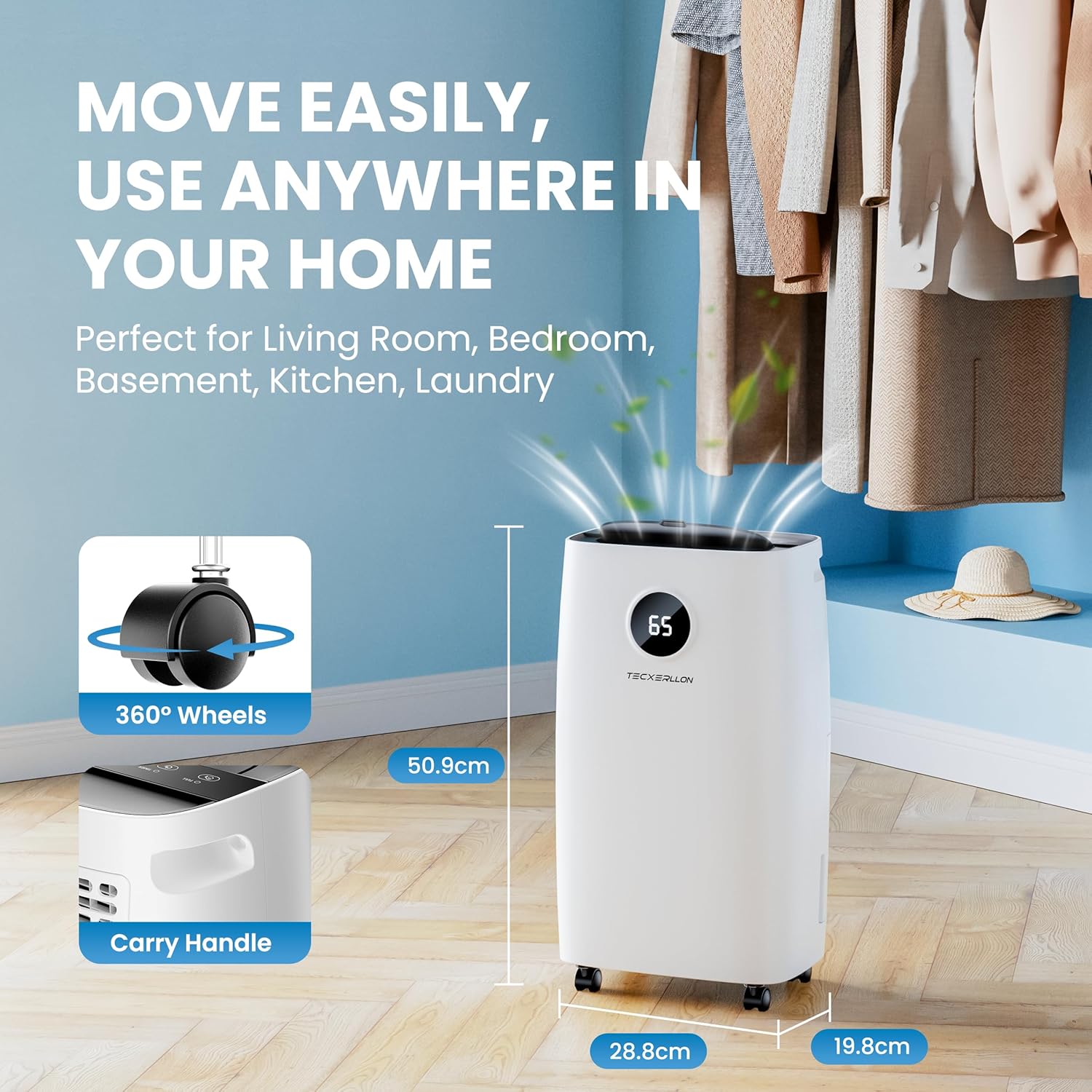 TECXERLLON Luftentfeuchter Elektrisch 15L, 30㎡(110m³), Entfeuchter Elektrisch für Keller Raumentfeuchter Elektrisch mit Touchpanel, 2,5L Wassertank, Schlauchentwässerung, 46dB, 24H Timer, 3 J. Gar