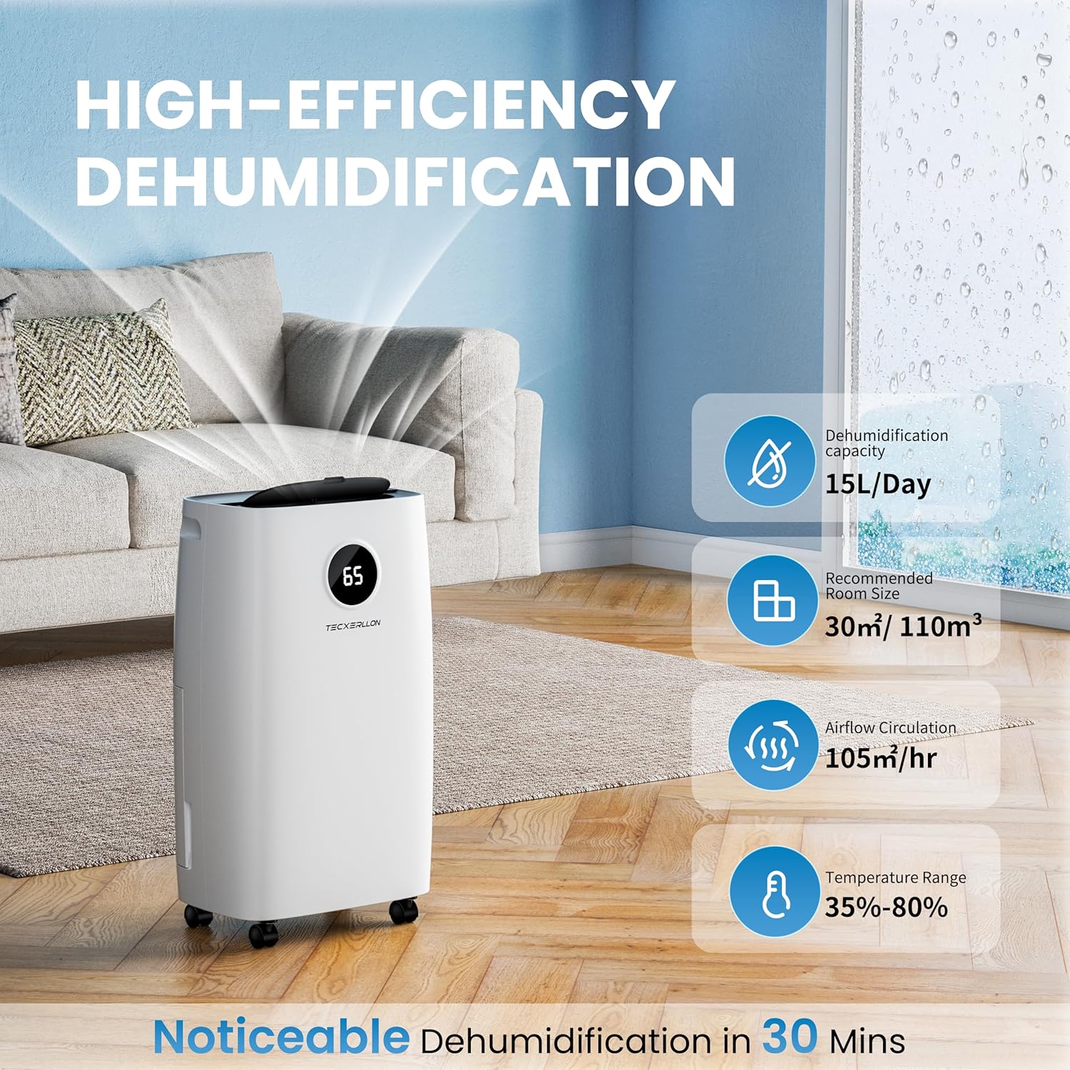 TECXERLLON Luftentfeuchter Elektrisch 15L, 30㎡(110m³), Entfeuchter Elektrisch für Keller Raumentfeuchter Elektrisch mit Touchpanel, 2,5L Wassertank, Schlauchentwässerung, 46dB, 24H Timer, 3 J. Gar